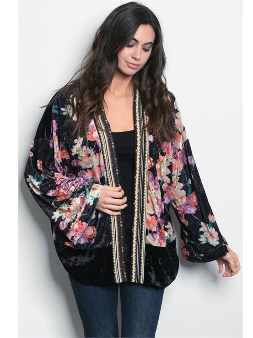 Love Riche Black Floral Velvet Open Front Jacket